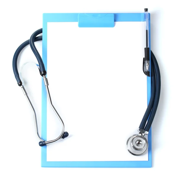Stethoscope and blue clipboard isolated on white — Stock Photo, Image