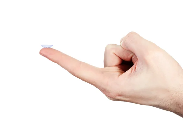 Kontaktlinse am Finger isoliert auf weiß — Stockfoto
