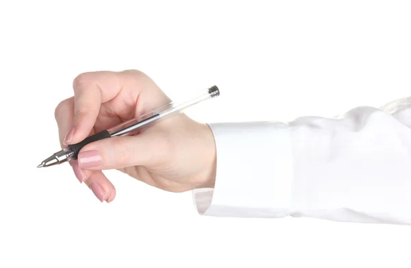 Woman hand with pen isolated on white — Stock Photo, Image