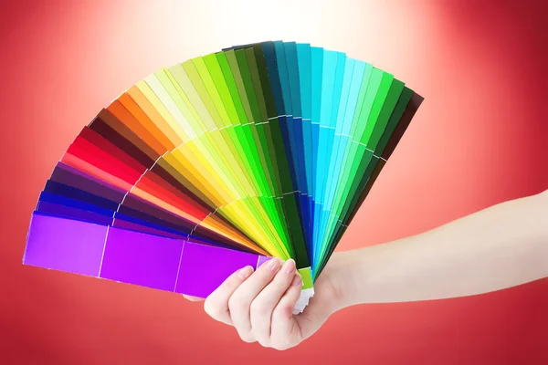 Hand holding bright palette of colors on red background — Stock Photo, Image