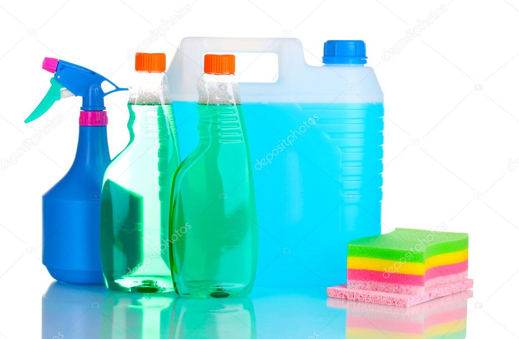 Canister with liquid and detergent bottles isolated on white