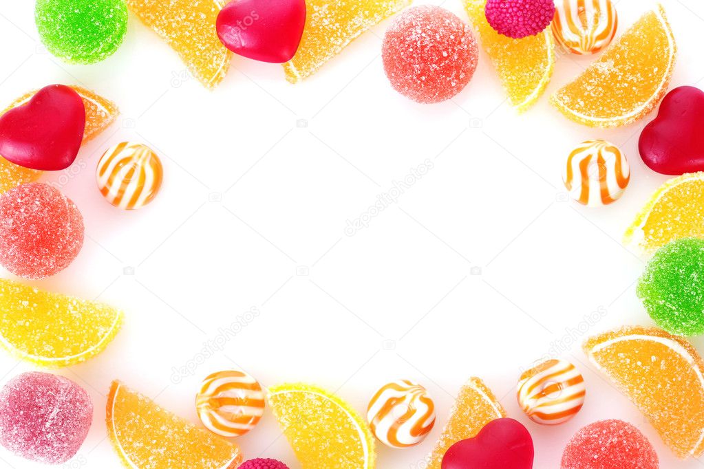 Frame of colorful jelly candies isolated on white