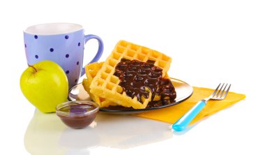 çikolata plaka üzerinde beyaz izole lezzetli waffle