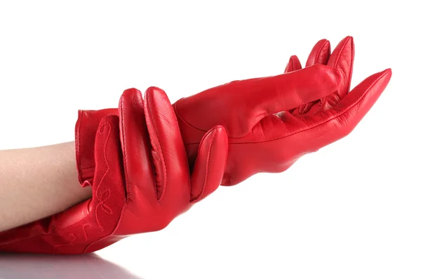 Τα χέρια των γυναικών στο κόκκινο δέρματα γάντια που απομονώνονται σε λευκό — Φωτογραφία Αρχείου