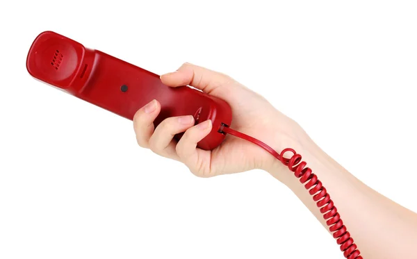 Combiné de téléphone rouge à la main isolé sur blanc — Photo