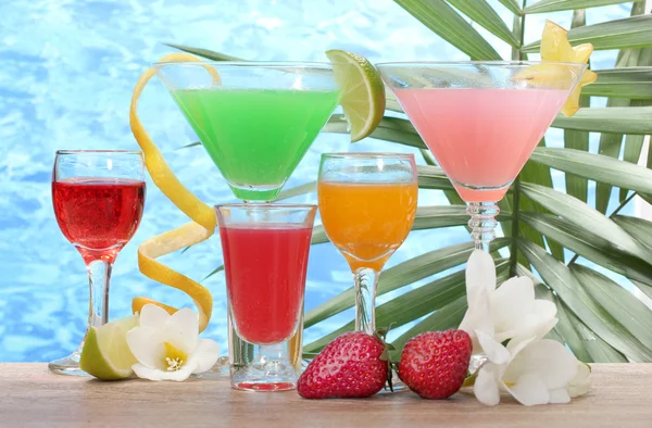 Eksotiske cocktails og blomster på bordet på blå hav baggrund - Stock-foto