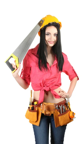 Beautiful young girl-builder holding saw isolated on white — Stock Photo, Image