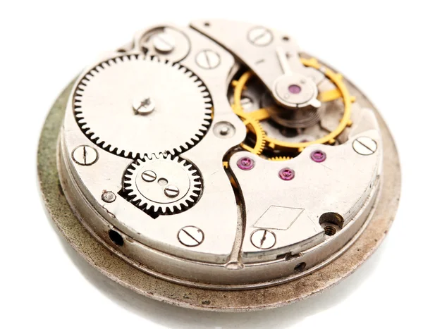 Saat mekanizması üzerinde beyaz izole — Stok fotoğraf