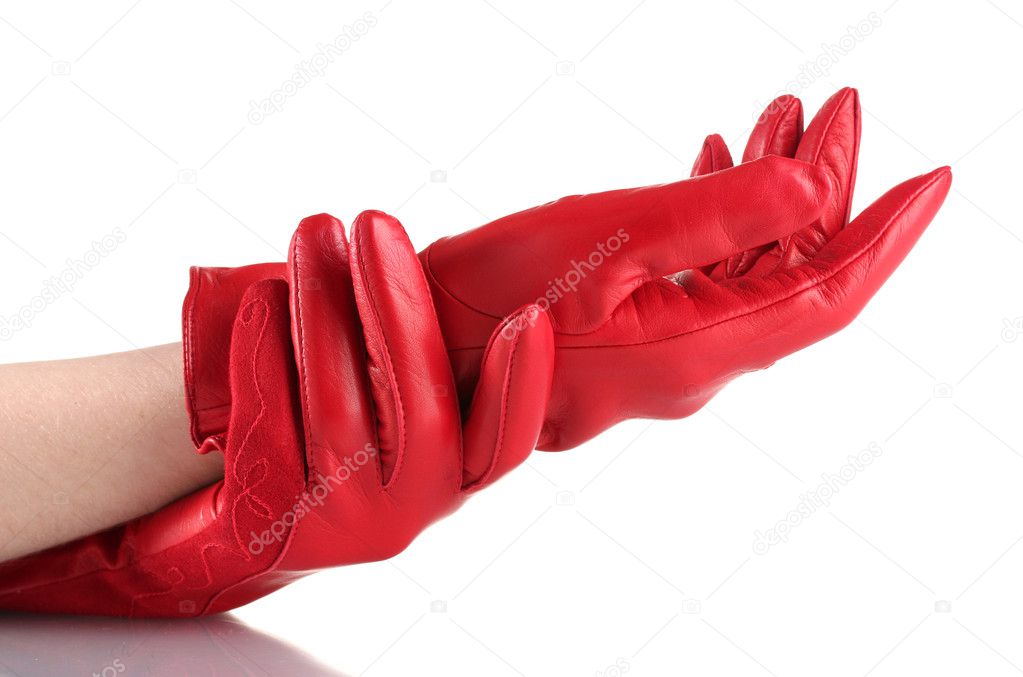 Women's hands in red leather gloves isolated on white