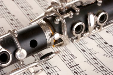 Close up detail of clarinet and notebook with notes clipart