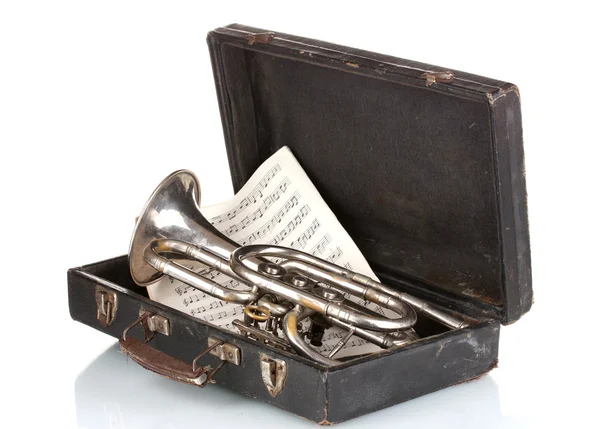 Old trumpet and notebook with notes in case isolated on white — Stock Photo, Image