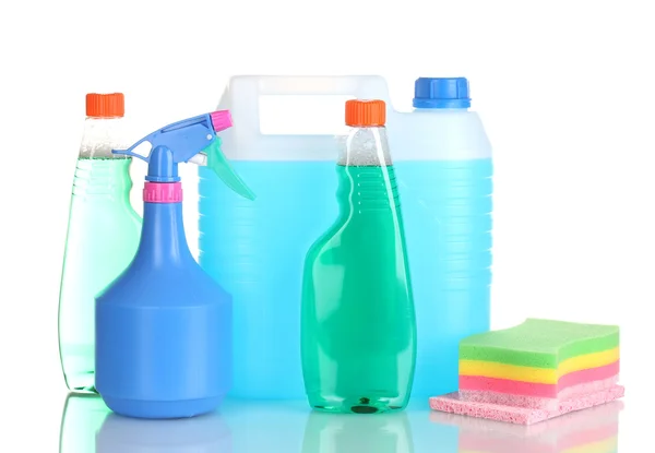 Frasco con botellas de líquido y detergente aisladas en blanco —  Fotos de Stock