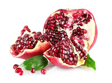 Ripe pomegranate fruit with leaves isolated on white clipart