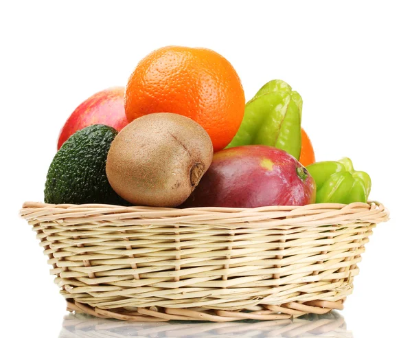 stock image Assortment of exotic fruits in basket isolated on white