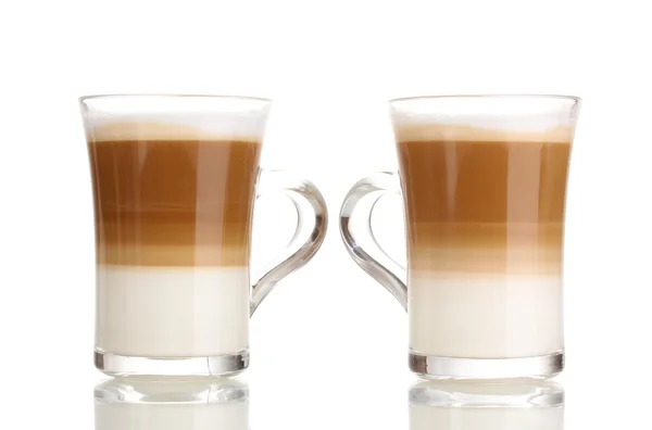 Fragrant сoffee latte in glass cups isolated on white — Stock Photo, Image