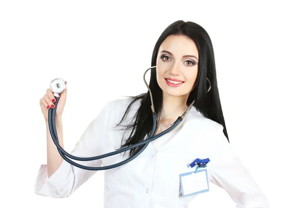 Junge schöne Ärztin mit Stethoskop isoliert auf weiß — Stockfoto