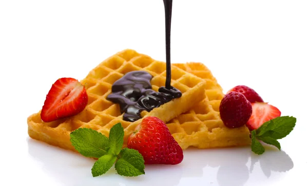 Bélgica waffles con miel, fresas y menta aislado en blanco — Stockfoto