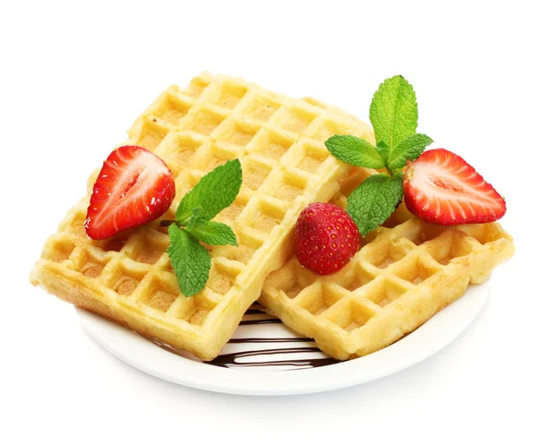 Belgium waffles with strawberries and mint on plate isolated on white — Stock Photo, Image
