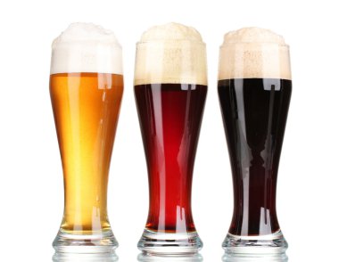 Three glasses with different beers isolated on white clipart