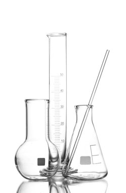 Three empty laboratory glassware with reflection isolated on white clipart