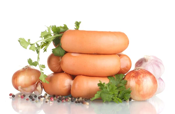 Tasty sausages, spices and parsley isolation on white — Stock Photo, Image
