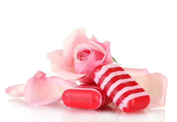 stock image Two soap and pink rose isolated on white