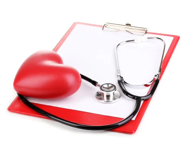 Stethoscope, heart and blank clipboard isolated on white — Stock Photo, Image