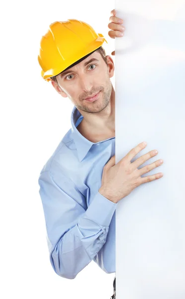 Jonge man architect met helm geïsoleerd op wit — Stockfoto