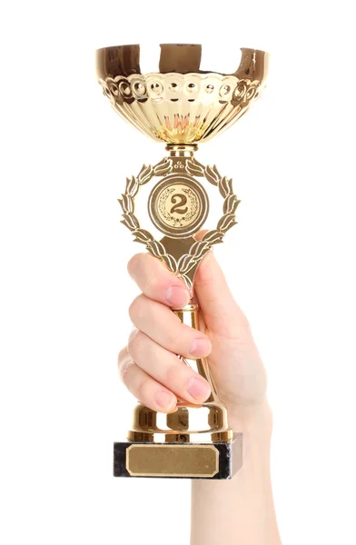 Trophy cup v rukou izolovaných na bílém — Stock fotografie