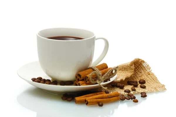 Cup of coffee, beans and cinnamon sticks isolated on white — Stock Photo, Image