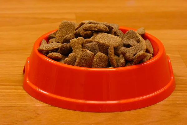 Droog hond voedsel in oranje kom op de verdieping — Stockfoto