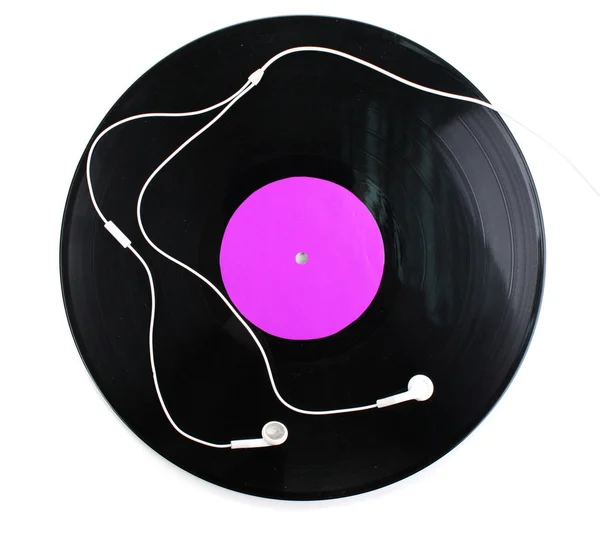 Svart vinyl record och hörlurar isolerad på vit — Stockfoto