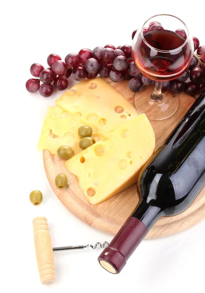 Flasche großen Wein mit Weinglas und Käse isoliert auf weiß — Stockfoto