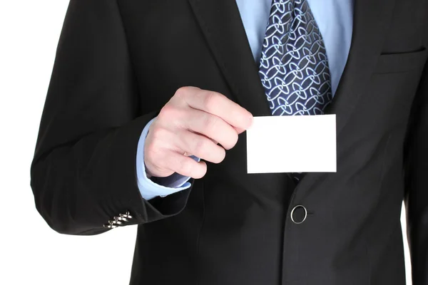 Businessman holding credit card isolated on white — Stock Photo, Image