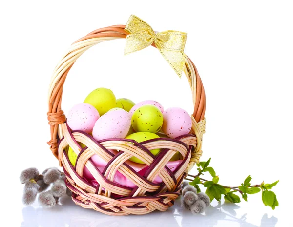 Basket with Easter eggs and pussy-willow twigs isolated on white — Stock Photo, Image