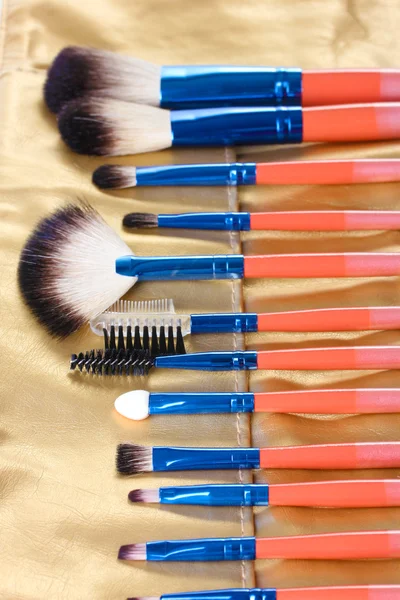 Conjunto de pincéis de maquiagem na caixa de couro dourado de perto — Fotografia de Stock