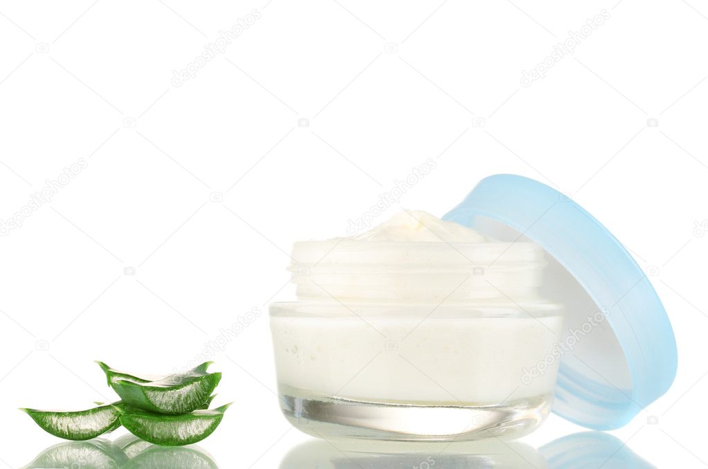 Opened glass jar of cream and aloe isolated on white