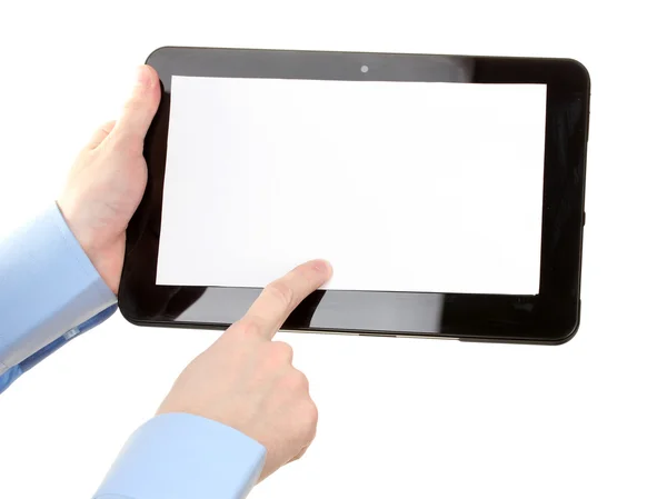 stock image Male hands holding a tablet isolated on white