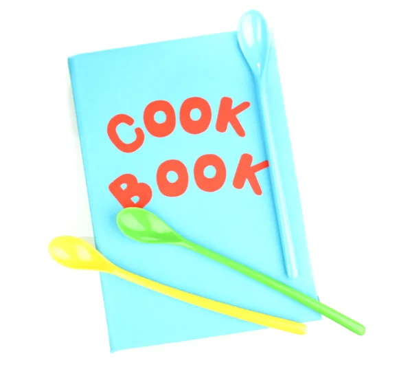Livro de receitas azul e utensílios de cozinha isolados em branco — Fotografia de Stock