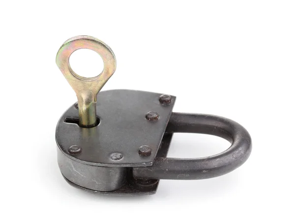 Cadeado retro com chave isolada em branco — Fotografia de Stock