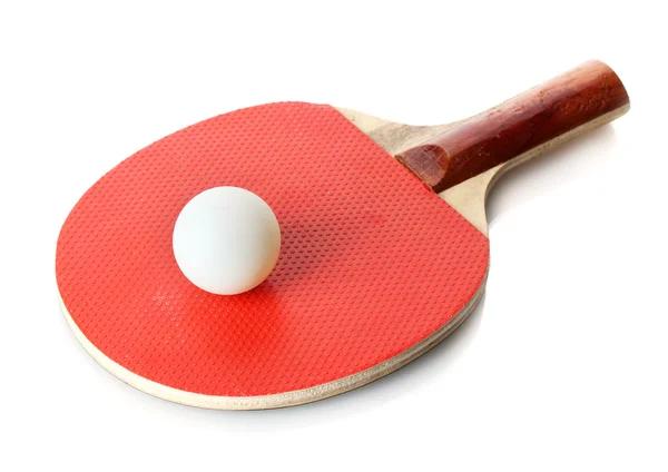 Rakieta pingpongowa i piłka, izolowana na biało — Zdjęcie stockowe