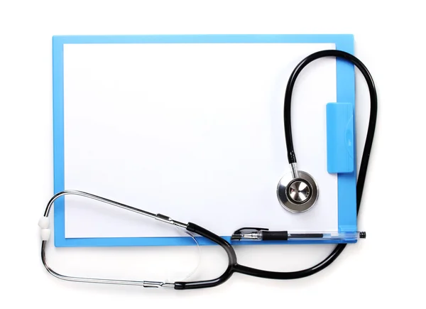 Stetoscopio e cartellone blu isolati su bianco — Foto Stock