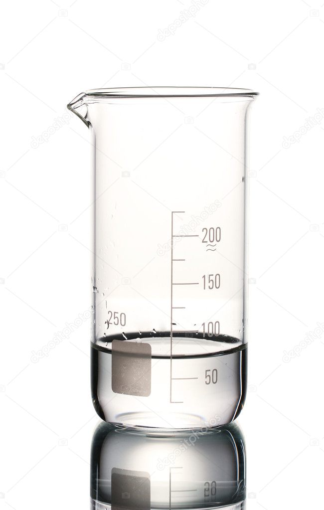 Measuring beaker with water and reflection isolated on white