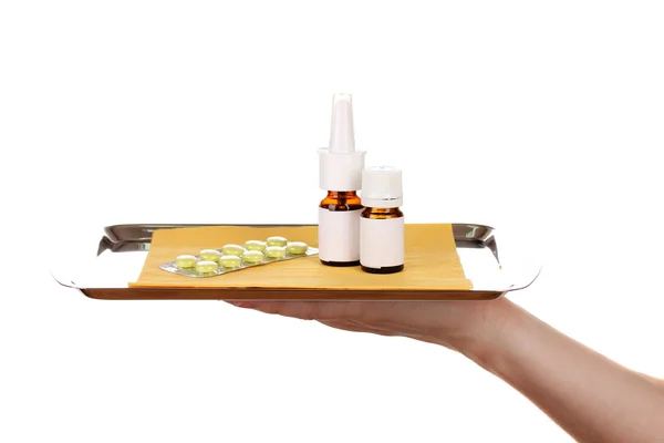 Bandeja de mão com medicamentos isolados em branco — Fotografia de Stock