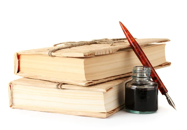 stock image Old books, ink pen and ink bottle isolated on white