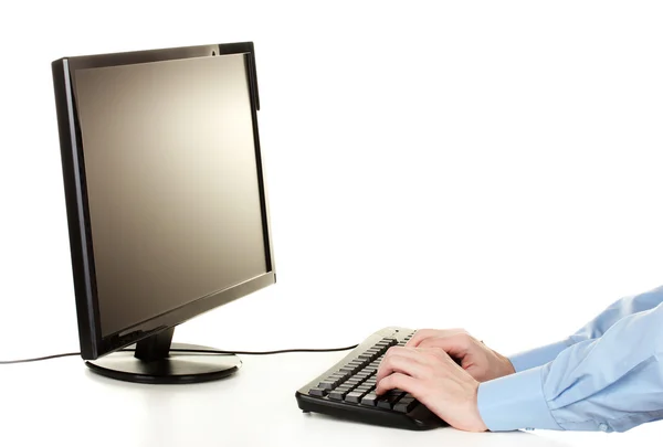 Mãos masculinas digitando no teclado isolado em branco — Fotografia de Stock