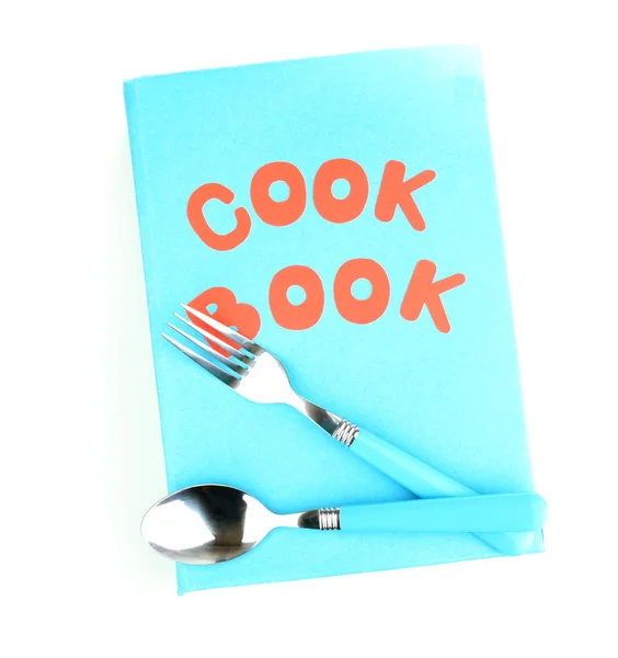 Μπλε βιβλίο μαγειρικής και τα μαγειρικά σκεύη που απομονώνονται σε λευκό — Φωτογραφία Αρχείου