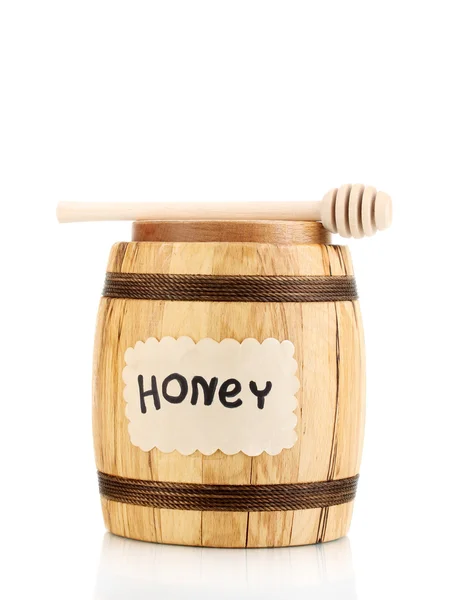 Сладкий мед в бочке с дождевателем изолирован на белом — стоковое фото