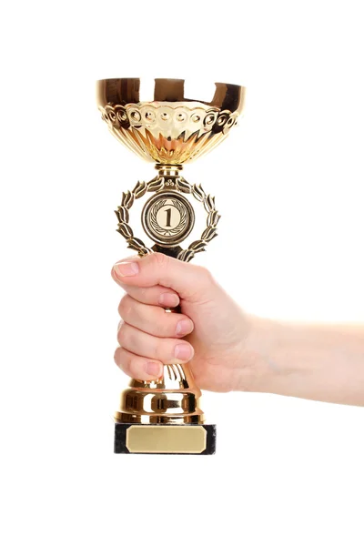 Trophy cup v rukou izolovaných na bílém — Stock fotografie