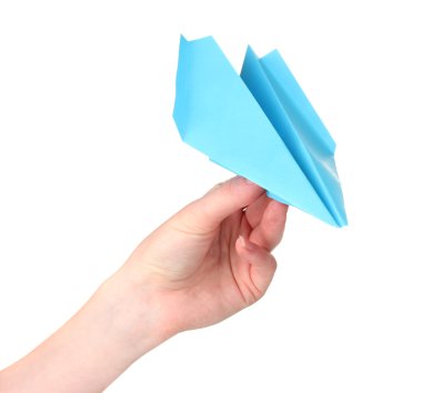 Origami kağıt uçak üzerinde beyaz izole el